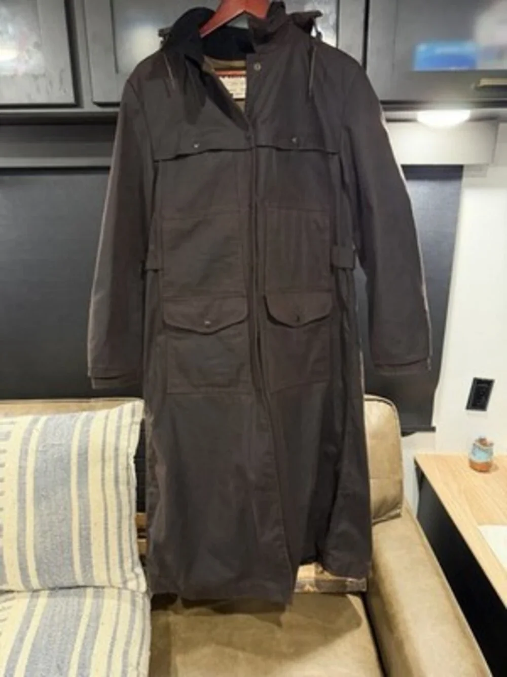 Filson Brown Waxed Cotton Duster w/ Hood Made in USA Men's Size L RARE!